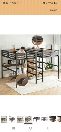 Twin Double Loft Bed Frame with Desks and Shelves
