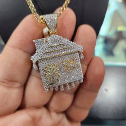 Trap House Pendant with Figaro Chain All in 14K Gold Finish