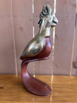 Vintage Brass and Hardwood Parrot Statue Sculpture Figurine