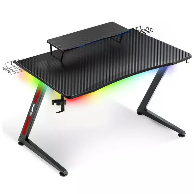 GTRACING Ergonomic Curved 3-Sided LED Z-Leg Gaming Desk, Black