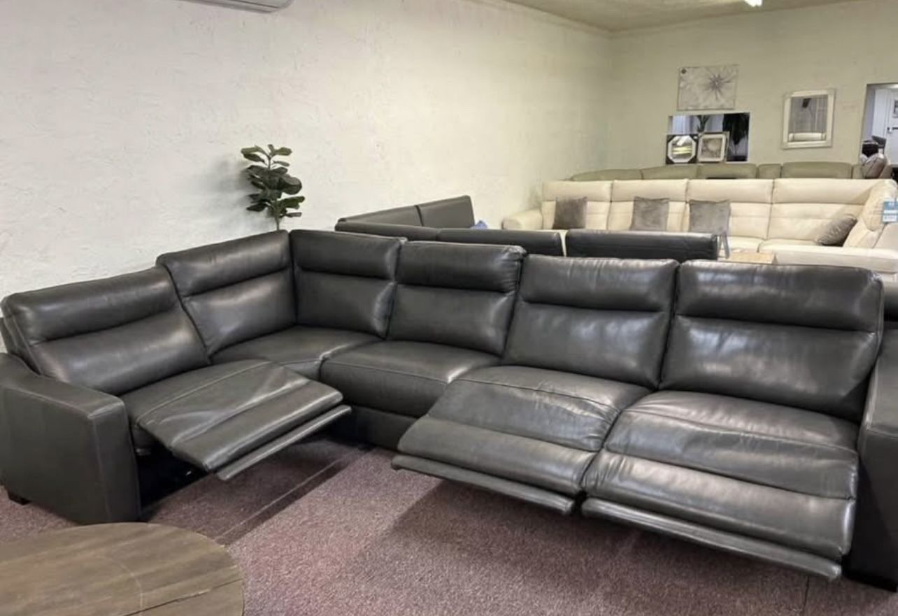 Furniture- 100% Real Top Grain Leather 5 Pc Sectional With 3 Power Recliners- Gabrine