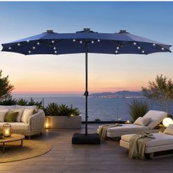 15 ft Large Outdoor Patio Umbrella with Solar Led Lights & Base Included, Double-Sided Rectangular Table Umbrella with Stand, Market Umbrellas for Dec