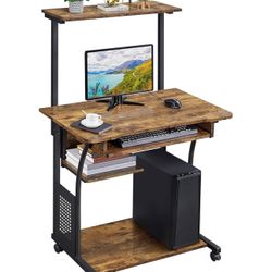 3 Tiers Rolling Computer Desk with Keyboard Tray and Printer Shelf for Home Office