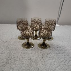 Libbey Prado Tawny Brown Raised Scroll 5 1/4" Goblets Vintage 70's Lor Of 5 (T)