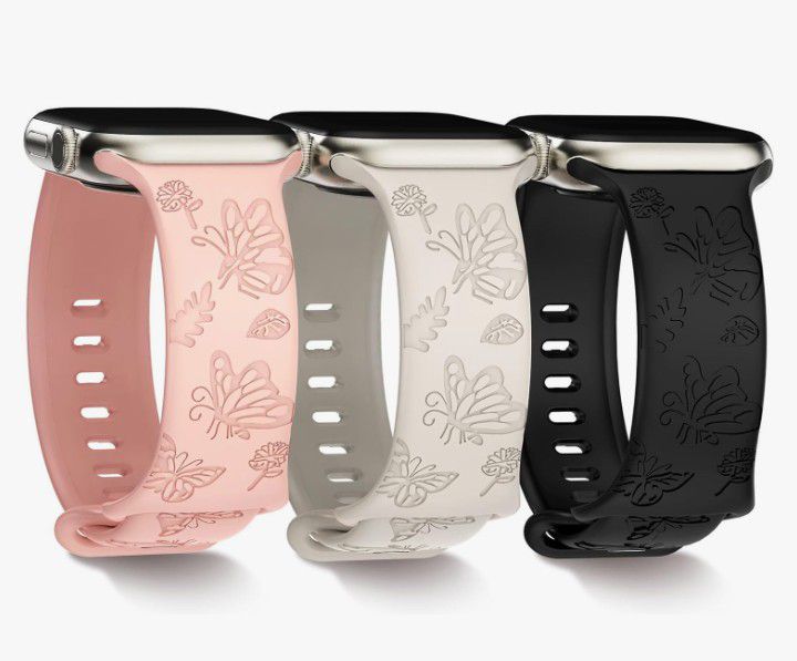 New 3 Pack Floral Engraved Bands Compatible with Apple Watch Band 44mm 40mm 38mm 41mm 45mm 49mm 42mm Women, Soft Silicone Cute Butterfly Pattern Sport
