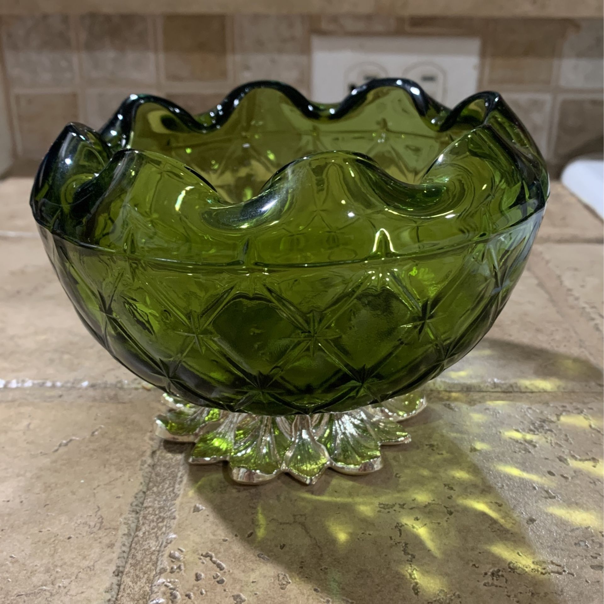 Vintage Green Indiana Glass Ruffle-Edged Dish with Pedestal Foot, Centerpiece Vessel