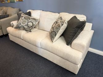 Cream Fabric Three-Seat Sofa with Throw Pillows，$550