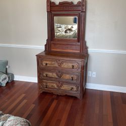 Antique Wooden Dresser With Mirror