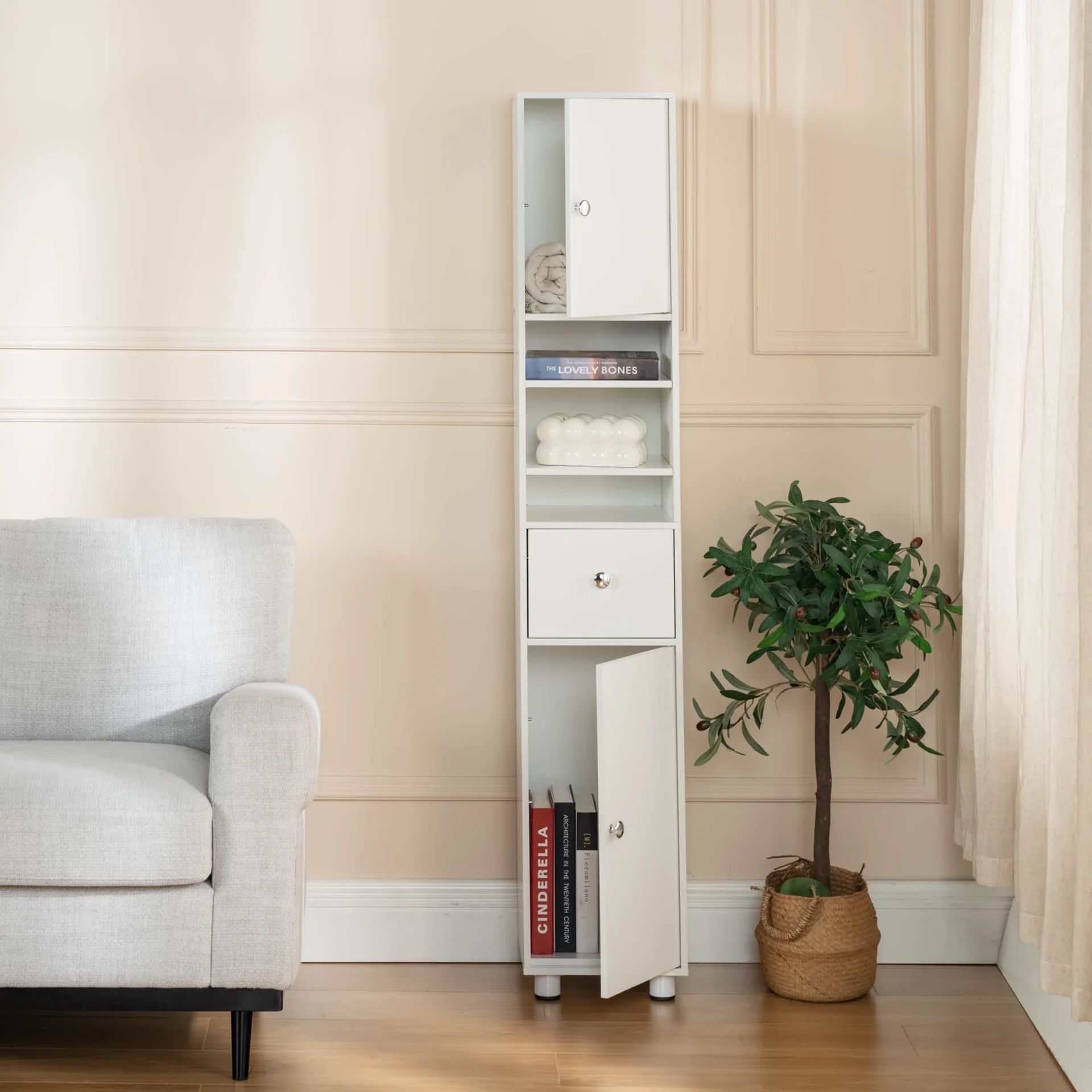 Homy Casa Jericho 63” Free Stand Bathroom Cabinet White Storage Tower 