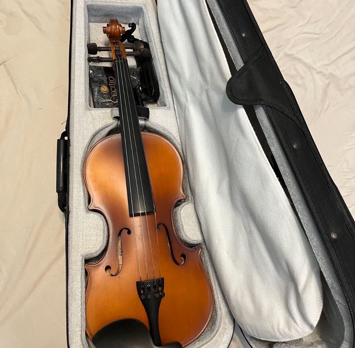 Mendini By Cecilio Violin - Size 1/2, Black Solid Wood - Flamed, w/Case, Shoulder Rest, Bow, High-Quality Rosin, and Extra Strings