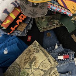 Vintage Clothes Lot Pants , Shorts , Shirts Button Ups , Hats And Belt With Buckle 