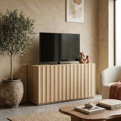 VividVibe 46.96” Oak Wide Fluted TV Stand with Storage for 55 50 Inch TV, 3 Doors Mid-Century Modern Large Entertainment Center Media Console Table TV