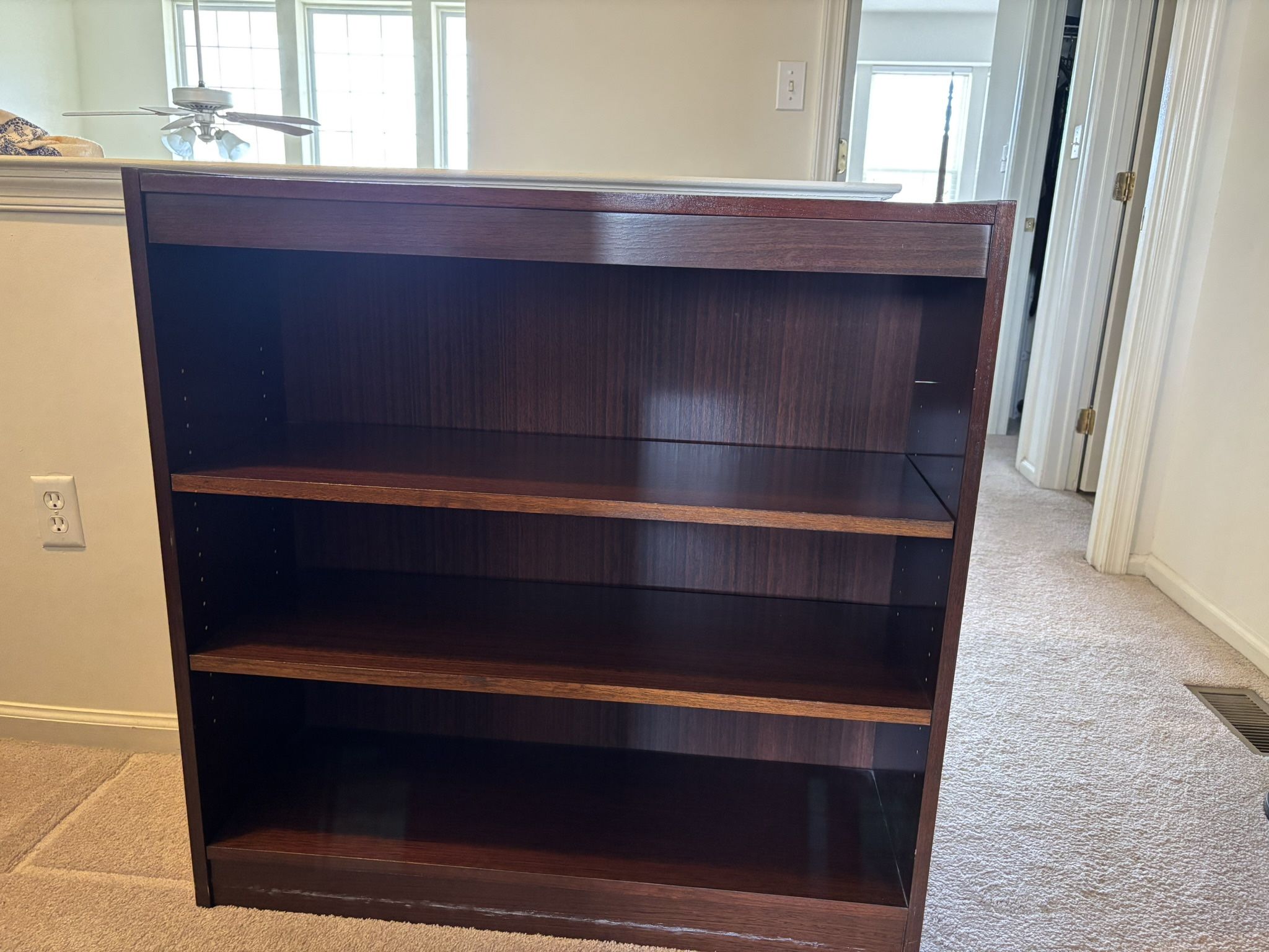 Sauder Bookcase, heavy duty, wood laminate, adjustable 2 shelves plus top and bottom shelf, 36”x36”x12”, excellent condition. Four available, $95 eac