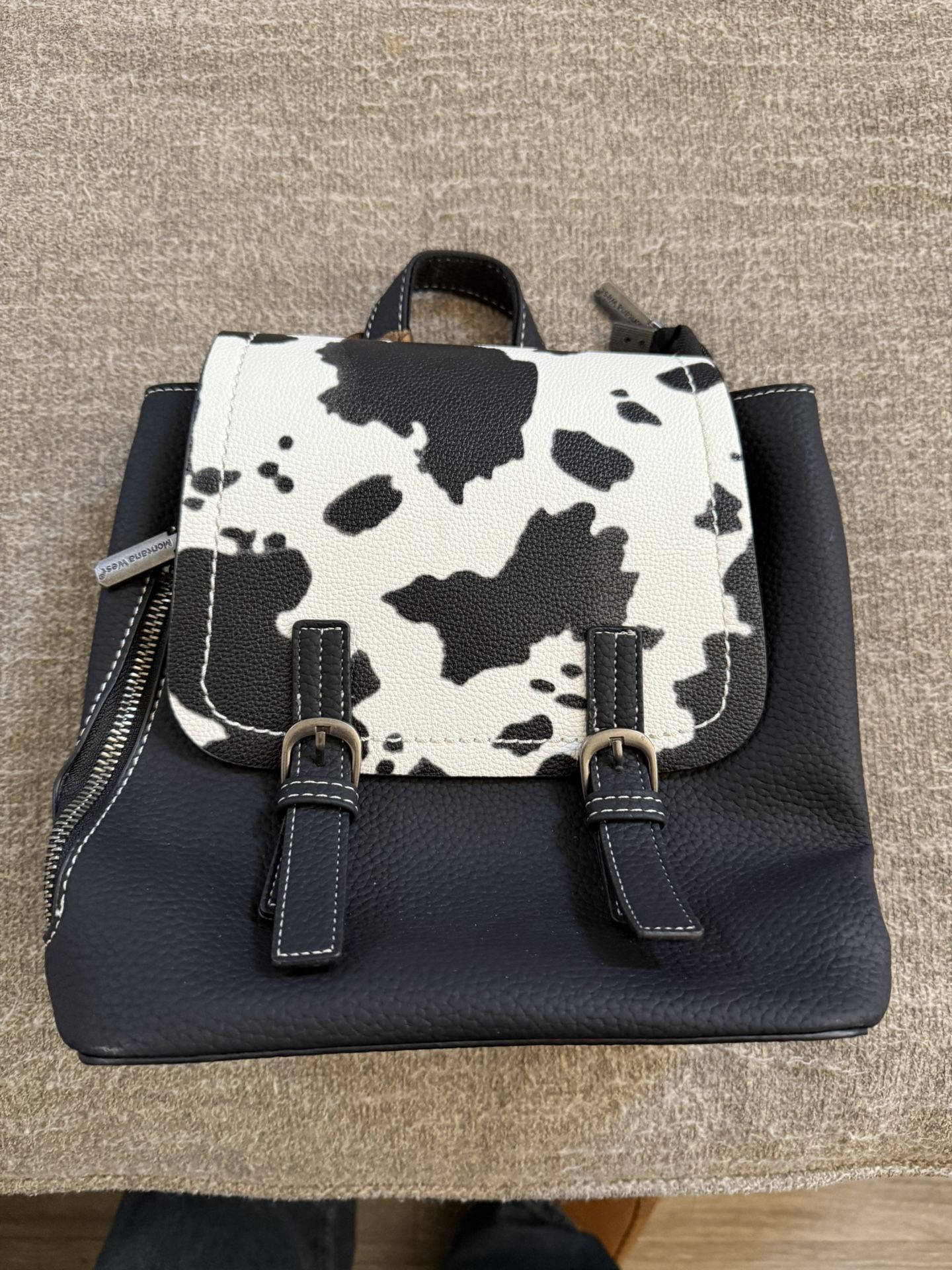 Montana West Black Cow Print Mini Womens Backpack Purse Vegan Leather 
