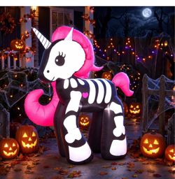 GOOSH 6- FT Halloween Inflatables Unicorn Outdoor Decorations Blow Up Yard Skeleton Unicorn with  for Garden Lawn Indoor Party Decor