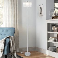 Crystal Floor Lamp, Chrome Pole Floor Lamp with K9 Crystal Shade, Silver Standing Lamp with On/Off Switch, Modern Corner Tall Lamp for Living Room Bed