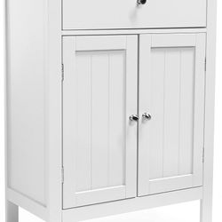White Freestanding Bathroom Floor Cabinet, Spacious Storage Cabinet with 1 Drawer & Adjustable Shelf