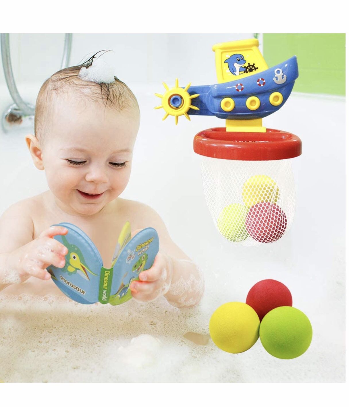HANMUN Shoot and Splash Basketball Hoop Bathtub Shooting Game - Bath Toy Playset for Kids and Toddlers - 3 Balls Included
