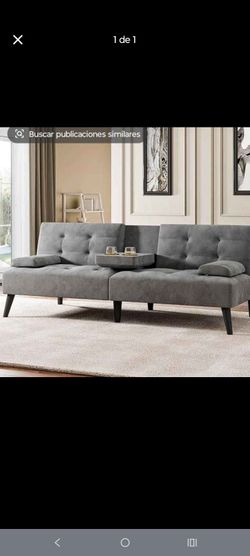 Gray Tufted Futon Sofa with Cup Holders