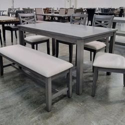 ✅️✅️ 6 pc grey finish wood dining table set padded seat chairs and bench ✅️✅️