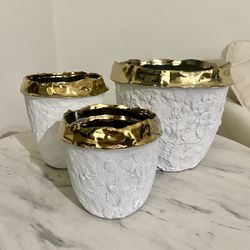 White And Gold Flower Pot (Set Of 3)