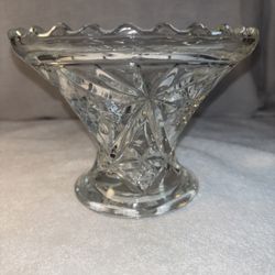 Vintage Pressed Glass Pedestal Compote Bowl Starburst Scalloped Rim