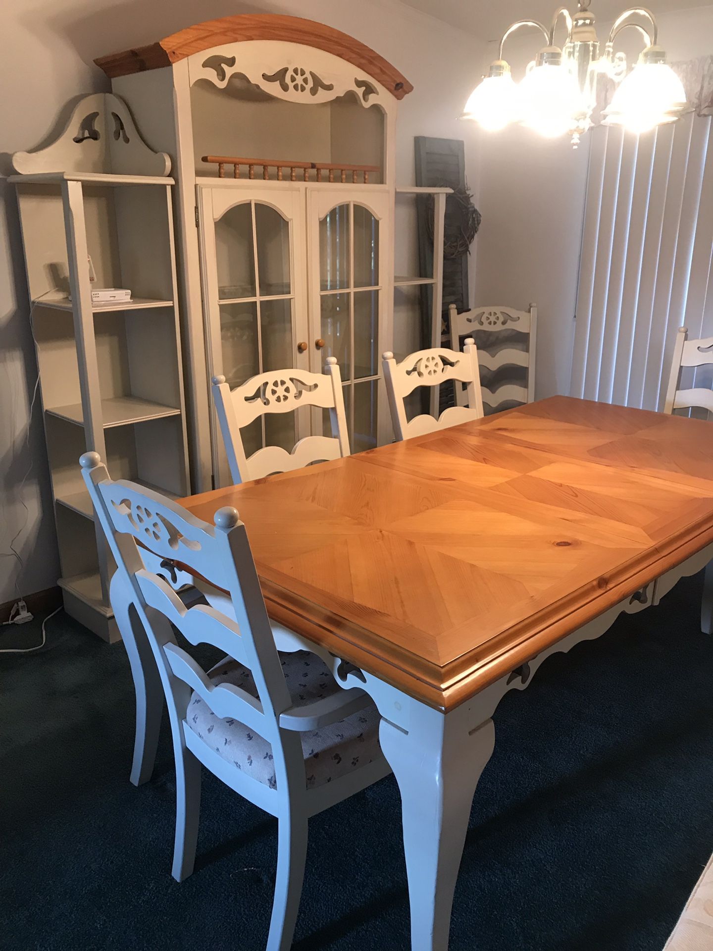 Dining table 6 chairs and 3 piece hutch