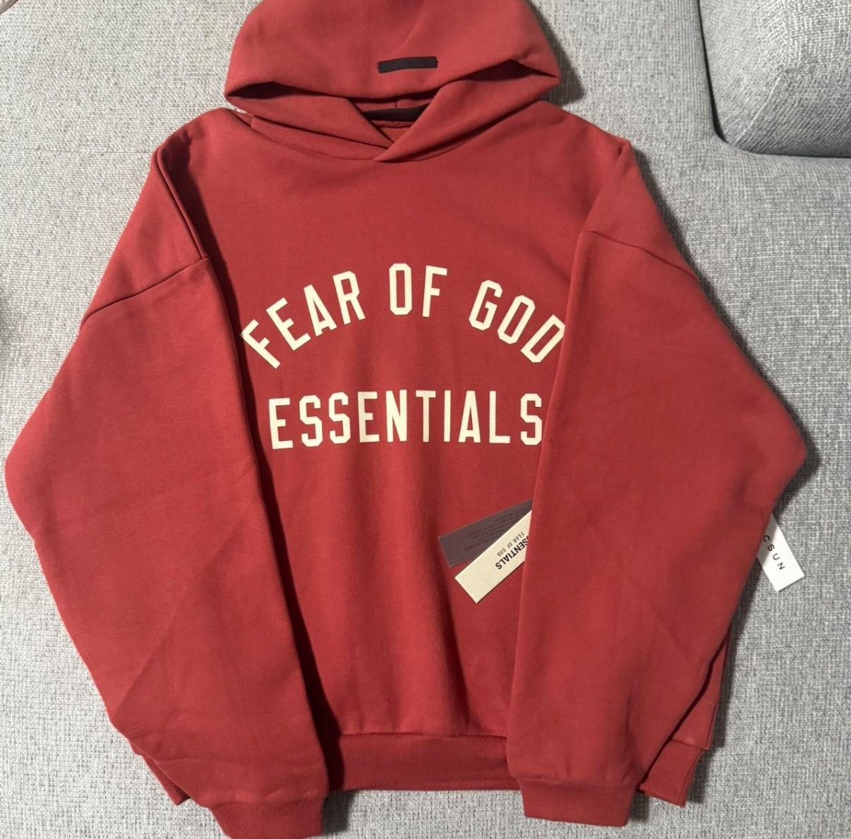FEAR OF GOD ESSENTIALS CRIMSON RED FLEECE HOODIE – XXL (NEW)
