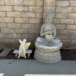 Hindu God Water Fountain & Baby Angel On Bench Statue