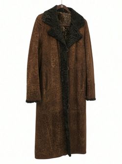 Long Brown Shearling Fur-Lined Coat