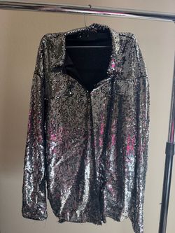 Silver and Pink Sequin Button-Up Jacket