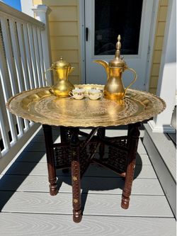 Morocco Brass Top Tray Table with Carved Wood Bead Legs