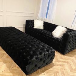 Perla Black Velvet Sofa & Ottoman Set /couches 