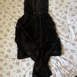 Black Cropped Velour Hoodie