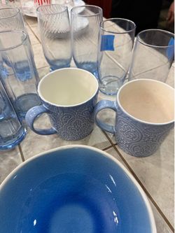 Glass Blue Plates and Cups