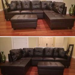 Brown Leather sectional Couch And Ottoman