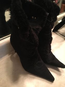 Diva Black Fur Pump Heel Boots -Size 8