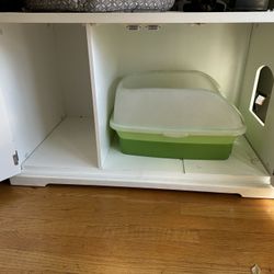 White Wooden Cat Litter Box Enclosure Cabinet — Hidden Litter, Double Doors AND Breeze Litter Box