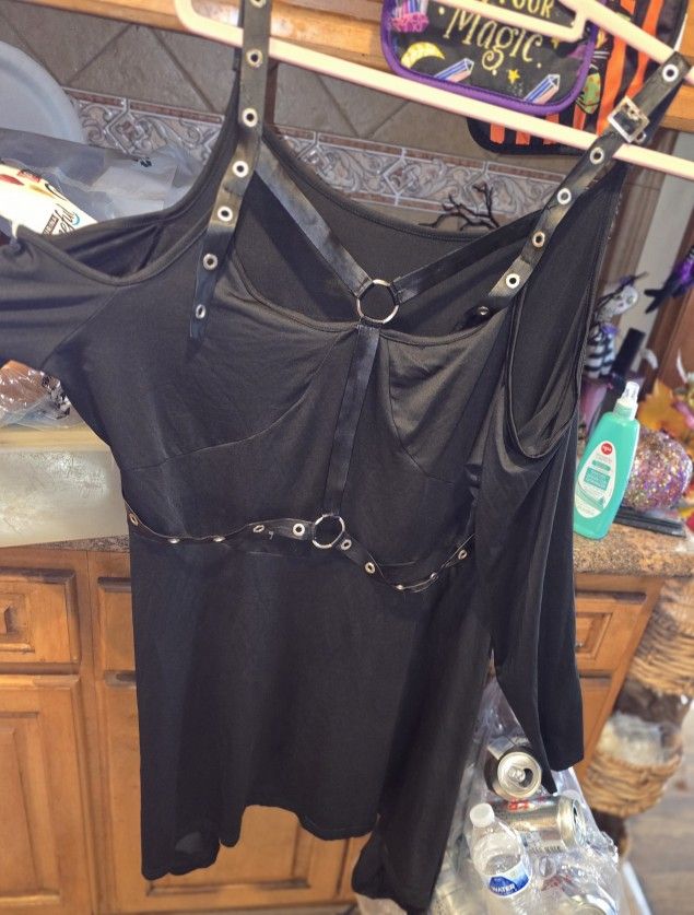 Black Pleather Strap Dress