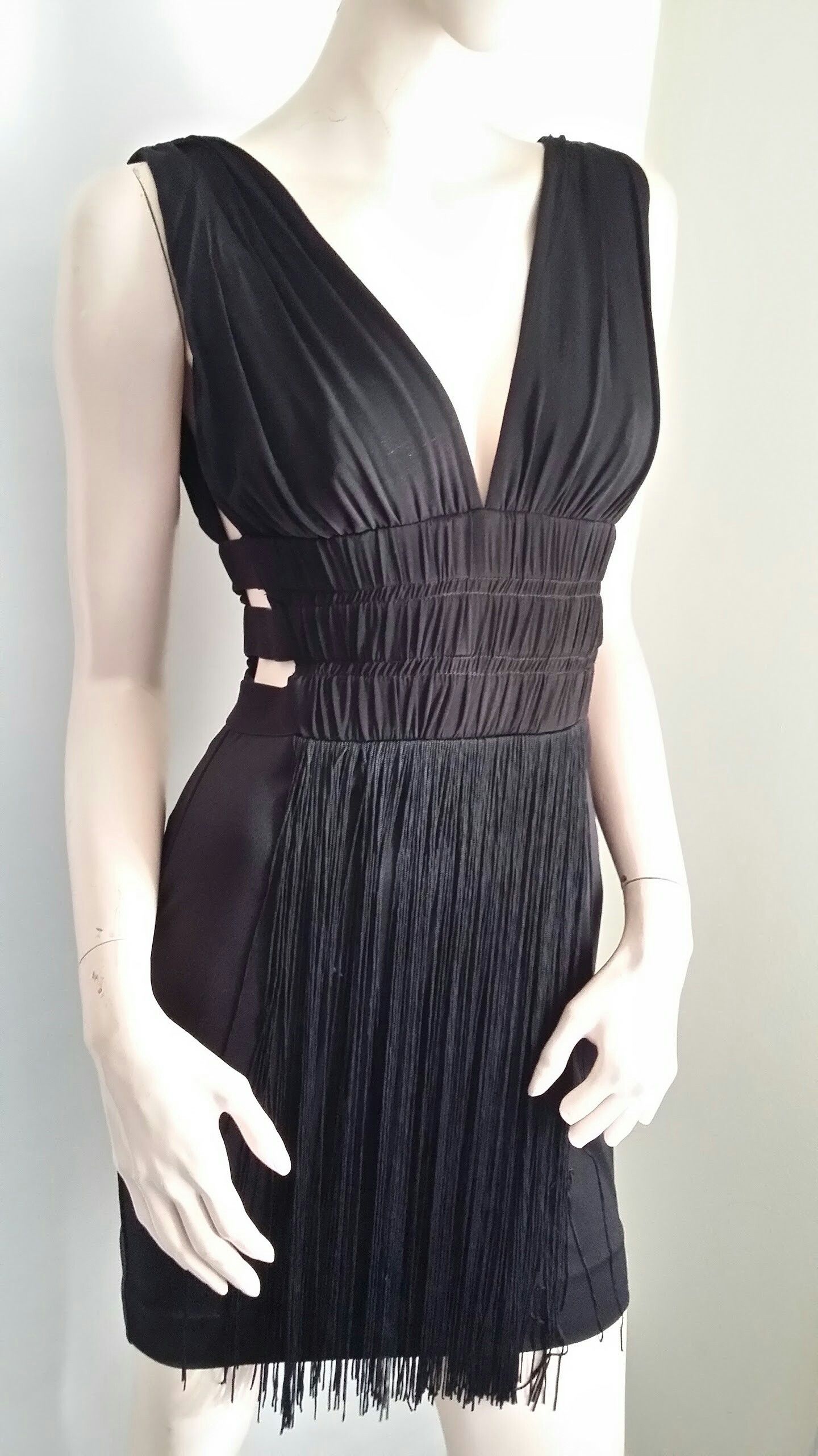 New! Bebe Black Fringes Fringe V Neck Dress XS