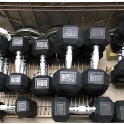 VARIETY OF  RUBBER DUMBBELLS  : 5s  10s  15s   20s   25s  30s  35s 40s 45s 50s 55s 60s 80s 85s 90s    = ($1.15 to $1.30 LB. )   