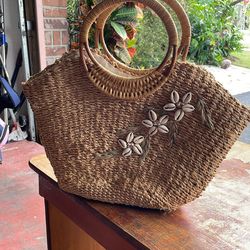 Vintage Shell And Rattan Beach Bag. 17”x16”