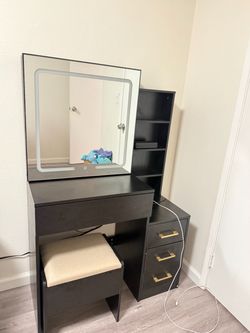 Black Vanity Desk Set with LED Mirror and Stool