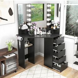 Makeup vanity with mirrors and lights