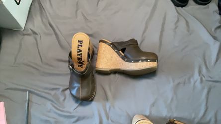 Playboy Size 6 1/2 inch Brown ,4 3/4 inch Wedge heel Clog.