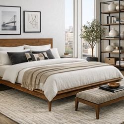 MID CENTURY MODERN FULL SIZE PLATFORM BED BROWN FINISH CAMA
