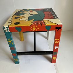 Hand-Painted Colorful Folk Art Design Side Table End Table Decor
