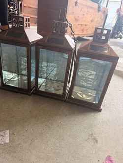 Set of 3 Large Solar Lanterns – Bronze/Brown with Fairy Lights