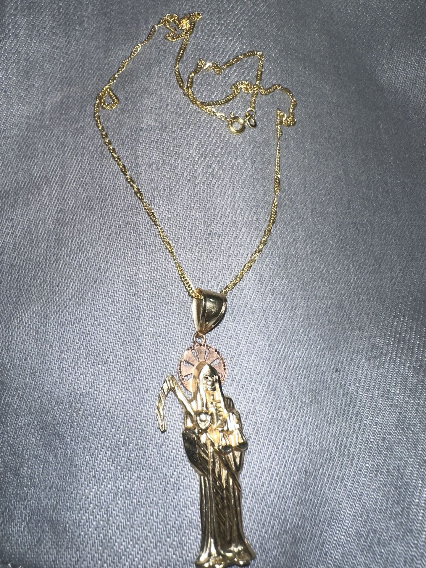 14k Rose Gold And Gold Santa Muerte Pendant With 18k Singapore Rope