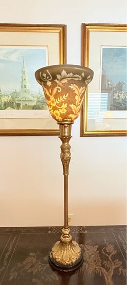 Lovely Pair Vintage Ornate Accent Lamps Glass Shades 29"H